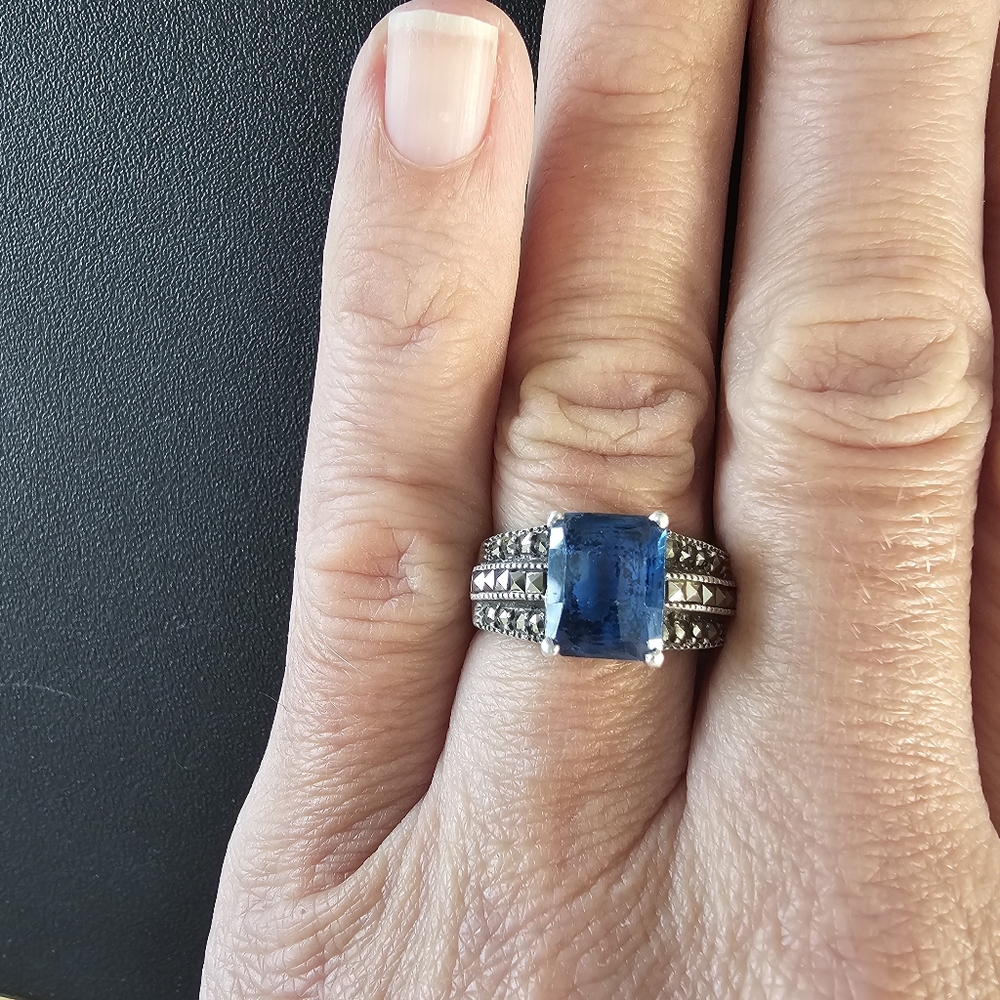 Vintage Sterling Marcasite and Blue Stone Ring